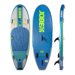 Jobe Venta 9.6 Inflatable SUP is shown in display form with an image of the top, bottom, and side view.  The board is grey with blue decking and bright green highlights and Jobe Inflatable SUP lettering.  The bottom of the board features 3 fins and is bright blue with Jobe inflatable Sup in bright green.  The side of the board is 3 different colors of blue with white Jobe lettering.