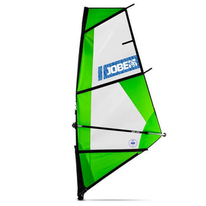 The Jobe SUP Venta SUP Sail is green with a clear middle.  The Jobe logo is in white on a blue background.