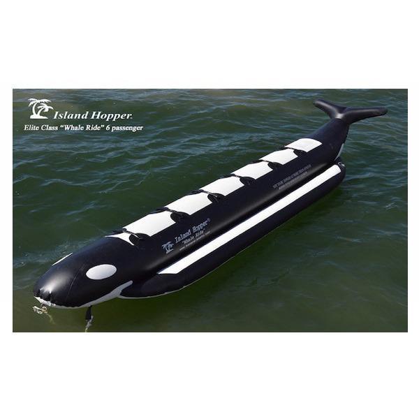 Top view of the Island Hopper Whale Ride 6 Person Banana Boat on the water.  Black and White killer whale design. 