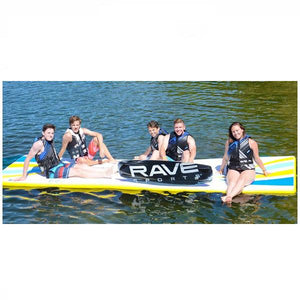 5 kids sitting on a white Rave Water Whoosh 15 Inflatable Water Mat with yellow trim, waiting to wakeboard on the lake. The Rave floating water mat is very buoyant and has no problem floating above the water with 5 kids on it.  Excellent swim mat.