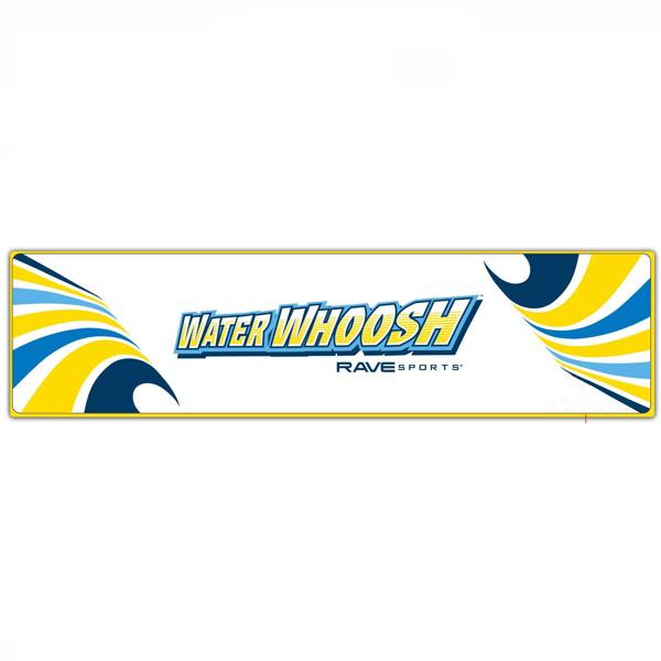 Rave Water Whoosh 20 Inflatable Floating Water Mat top view.  The rectangle floating swim mat is white with yellow and blue lettering as well as yellow and blue designs and highlights.