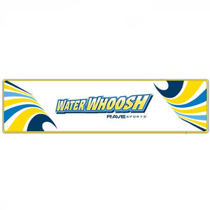 Rave Water Whoosh 20 Inflatable Floating Water Mat top view.  The rectangle floating swim mat is white with yellow and blue lettering as well as yellow and blue designs and highlights.