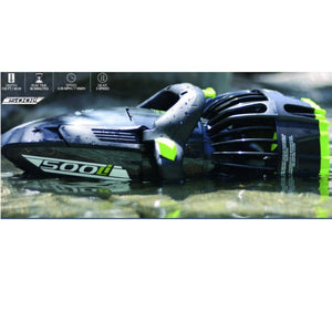 The all black with lime trim Yamaha 500Li with white Yamaha Sea Scooter lettering is sitting in very shallow water so that it is resting on the bottom but is only half submerged.  In the upper left hand corner in white lettering are some of the specifications of the Yamaha 500Li Sea Scooter for sale.  The specs show that it goes to a depth of 130 feet, has a run time of 1.5 hours, will reach a maximum cruising speed of 4.35 mph, and uses 3 gears.