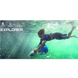 Side view of a young teenager  underwater with his blue and white Yamaha Explorer Sea Scooter.  Spces are also on the graphic.
