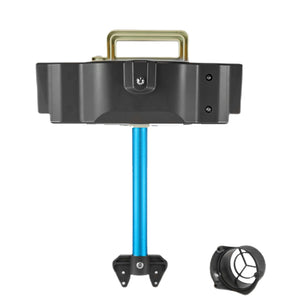 Bixpy Fin Pedal Drive Adapter - Hobie Mirage, Vibe X-Drive, Pelican, Lightning Adapter visible from side. The black cylinder has a blue shaft that comes out of the bottom and connects to a black housing case for the Bixpy Jet Motor. The blue connection cable is also visible at the top.