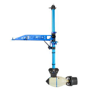 Bixpy Universal Power Pole Kayak Adapter in shown with the blue power plate with blue extension shaft and blue connecting cord. The kayak motor adapter is shown with the Bixpy Jet Motor attached and in place. (Jet Motor is not included in purchase) This is a display image on a white background. Bixpy Universal Power Pole Kayak Adapter model # AT-PPA-1002