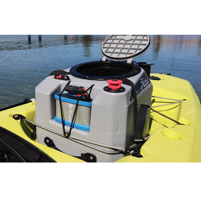 PP-77-LW 6V Live Well and Bait Tank Battery on the bait Tank on a yellow kayak