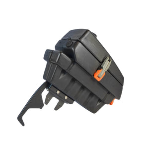 Back view of the all black Bixpy Jet Motor Dry Pod Adapter for Feelfree Kayak with blue orange clips on the dry pod cover.