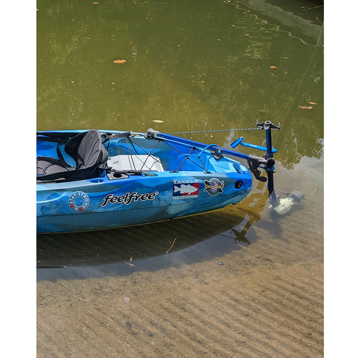Universal Kayak and Canoe Adapter full view attached to a blue kayak connecting it to the J-2 Motor underwater