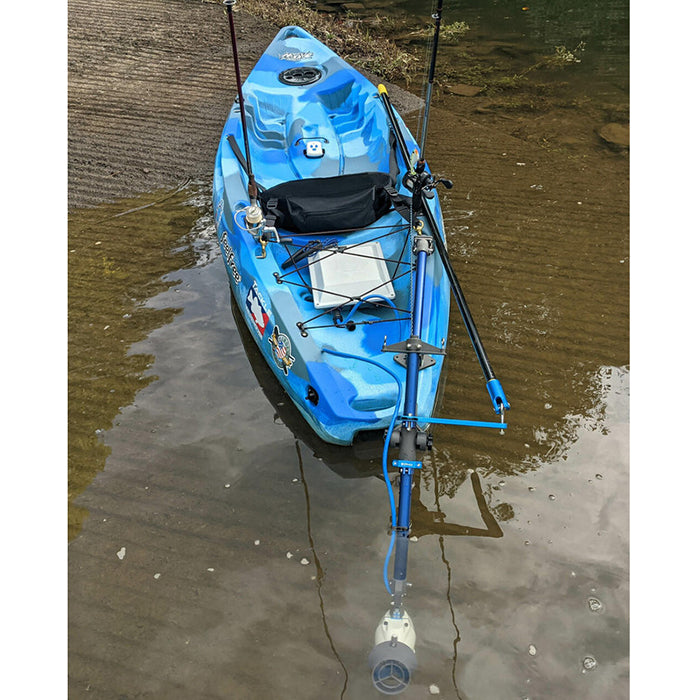 Universal Kayak and Canoe Adapter in action on the lake connecting the blue kayak to the kayak motor