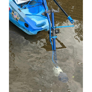 Universal Kayak and Canoe Adapter connecting the blue kayak to the J-2 Motor underwater