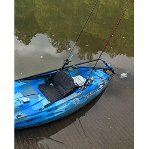 Universal Kayak and Canoe Adapter attached to a blue kayak on the water and to the J-2 Motor underwater