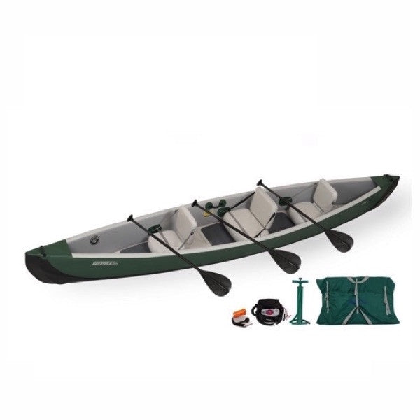  Green shell with grey interior Sea Eagle Inflatable Canoe 16 top display view with the bag and pump sitting next to the Sea Eagle inflatable Travel Canoe 16. 