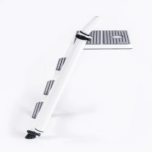 Side view of Roswell Boarding Steps with white-coated handle and step support and gray boarding steps.