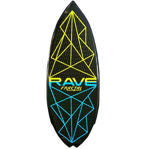 The wake surf board in an upright position. The rave wake surf board has neon yellow and light blue colors with the brand imprinted on it.