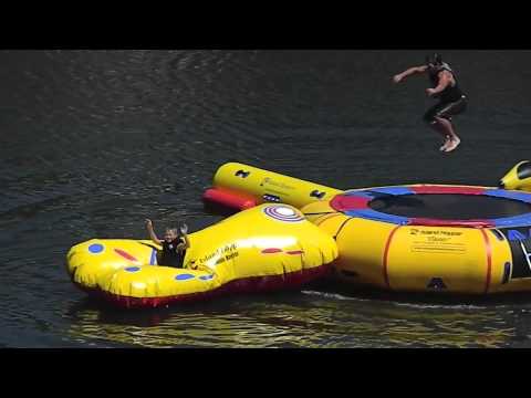 Video of kids using the Island Hopper Double Blaster to fly into the air. One person sits on the end of the Double Blaster water trampoline attachment, the other jumps off the water trampoline onto the Double Blaster and the force sends the person sitting on the end flying up in the air and into the water. Tremendous fun.