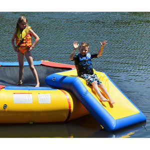 Island Hopper Bouncer Slide on the water with kids on it.