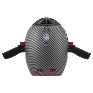 Yamaha Jet Pod Pro Sea Scooter top view. We see the light grey and charcoal diagonally striped body. The handles are black and there are red accents on buttons.