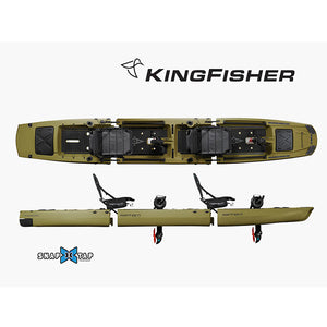 This is the top and side views of Army Green KingFisher Tandem Modular Fishing Kayak with Impulsive Drive.