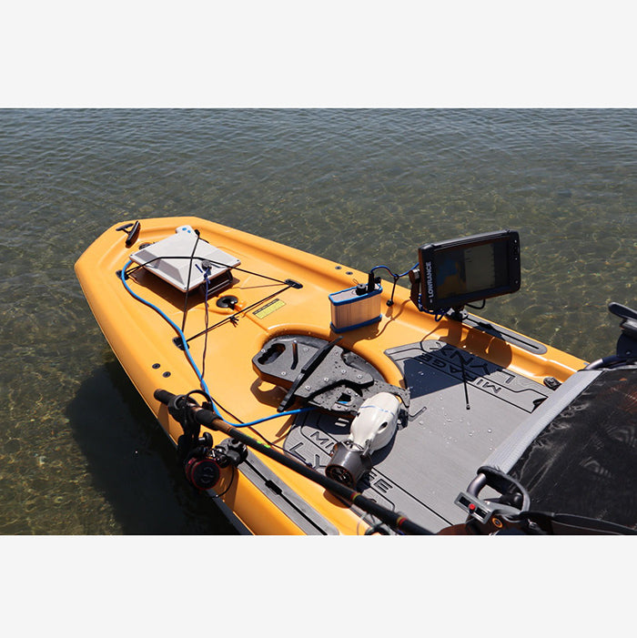 Low Profile - ThruHull Pedal Drive Adapter attached to the J-2 motor on a yellow kayak on the lake.