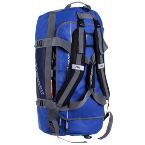 This is the full back view of the 90-litre blue Overboard Adventure Weatherproof Duffel Bag.