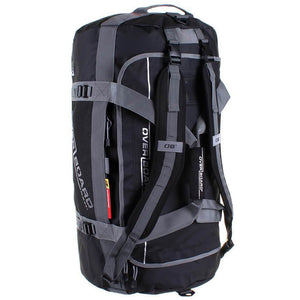 This is the full back view of the 90-litre black Overboard Adventure Weatherproof Duffel Bag.