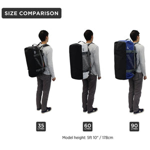 This is the size chart of the Adventure Weatherproof Duffel Bag. It shows the difference between a 60-litre and 90-litre bag.