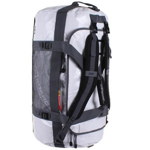 This is the full back view of the 60-litre white Overboard Adventure Weatherproof Duffel Bag.