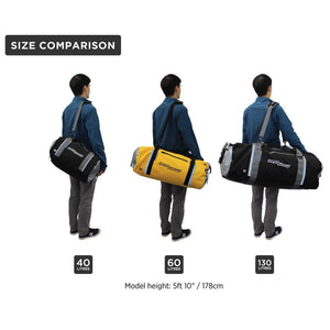 This shows the size chart of the Overboard Classic Waterproof Duffel Bag. It shows the difference between a 40-litre, 60-litre and a 130-litre bag.