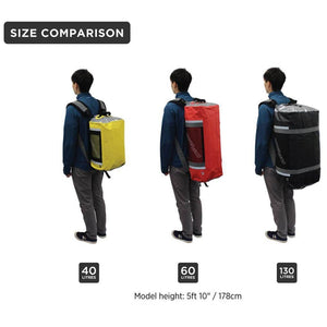 This image shows the bag size differences from 40 litres to 130 litres.