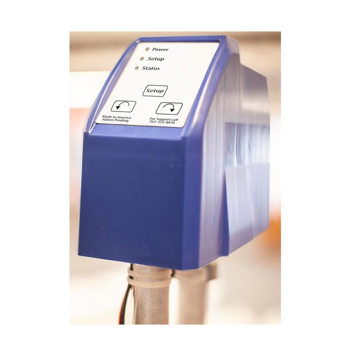 Close up view of the blue control box on top of the Scott Aerator Oscillator 360.  The display shows an unlit led light next to 3 items:  Power, Setup, Status.  There is also a &#39;Setup&#39; button as well as a direction arrow in each direction.