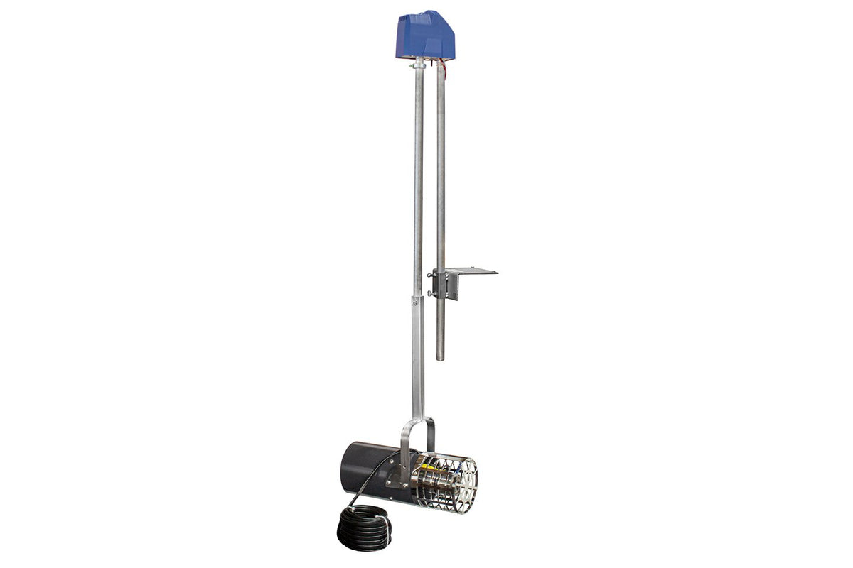 Scott Aerator Oscillator 360 for dock mounted Aquasweep and Dock De-Icers side view display image.  It is attached to an Aquasweep and has a blue box on the top of the connection. It has a connection that allows the oscillator to spin in a full 360 degree circle.