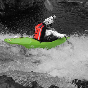 This shows the orange PRO-VIS Backpack on a person's back while kayaking.