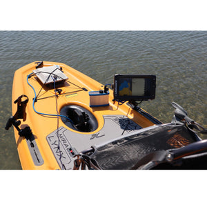 PP-77-AP 12V Outdoor Power Bank in action on a yellow Kayak connected to a fish finder device.
