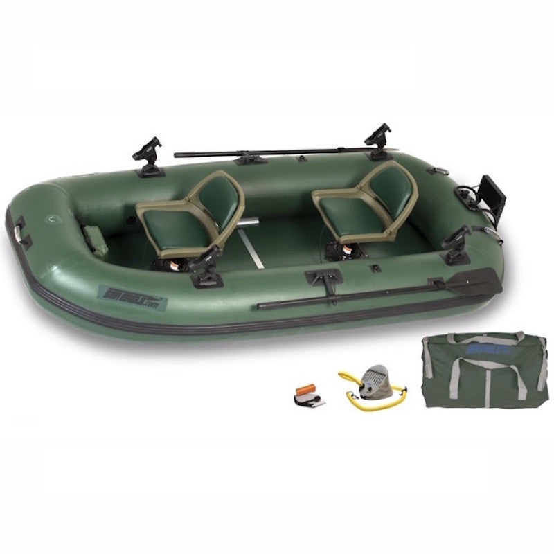 Hunter green Sea Eagle Stealth Stalker 10 Inflatable Fishing Boat with 2 seats top display view with the bag and pump sitting next to the Sea Eagle inflatable fishing boat.
