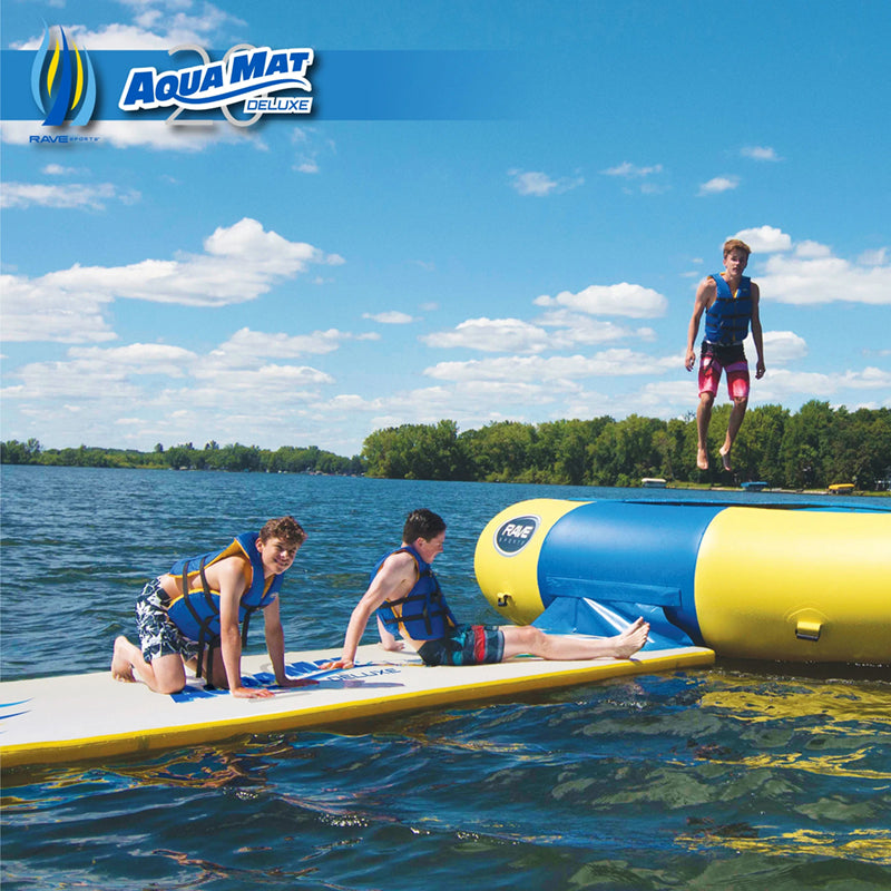 Aqua Mat Deluxe 20' attached to a water trampoline with 2 boys on the mat