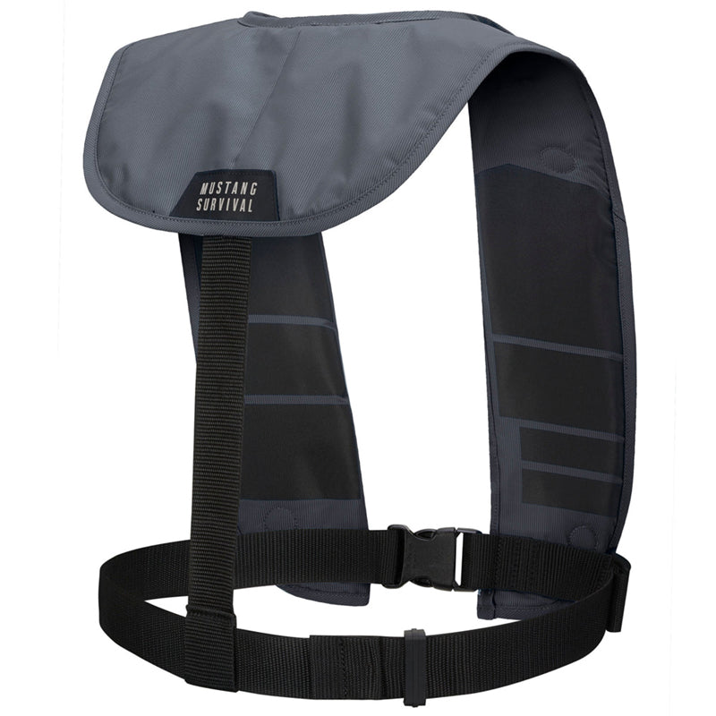 This is the back view of the Gray Mustang Survival MIT 70 Manual Inflatable PFD.