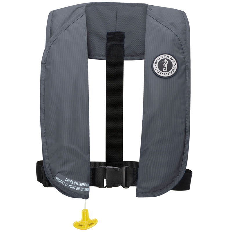 This is the front view of the Gray Mustang Survival MIT 70 Manual Inflatable PFD.